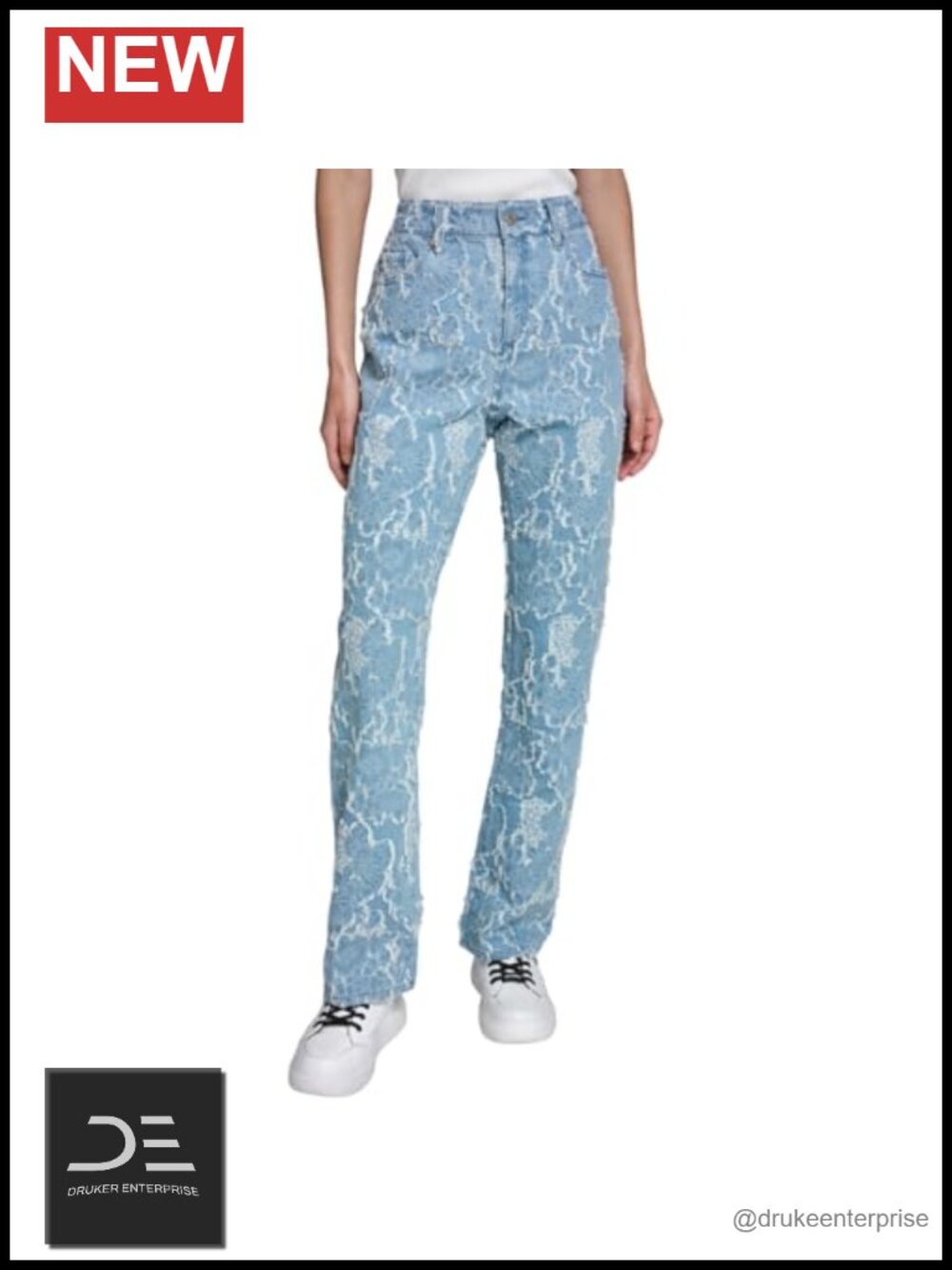 Mid Rise Ankle Jeans Floral Denim Jacquard Button Fly